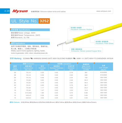 UL758 AWM3068 Silicone Rubber Insulated Wire Cables 600V/250C 20AWG FT2 Yellow Robot