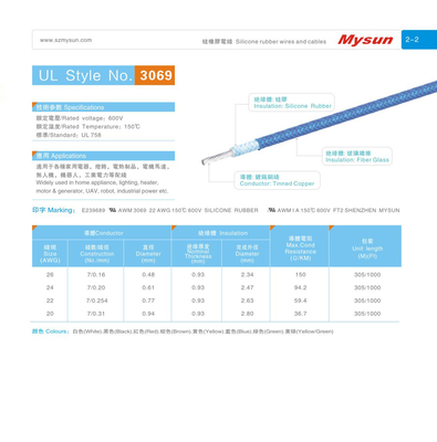 AWM3069 22AWG 실리콘 고무 절연 케이블 600V/150C UL758 FT2 푸른 로봇